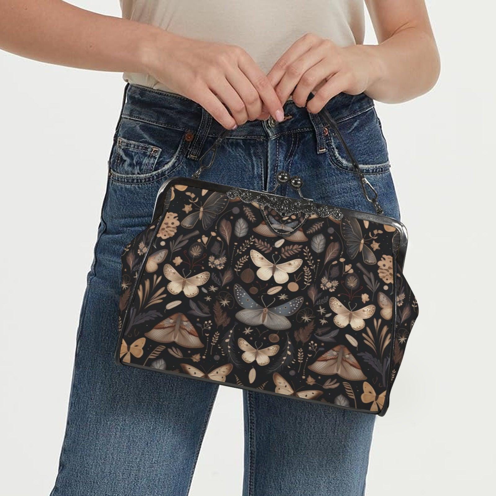 Vintage Moth Print Handbag: Botanical Clasp Purse