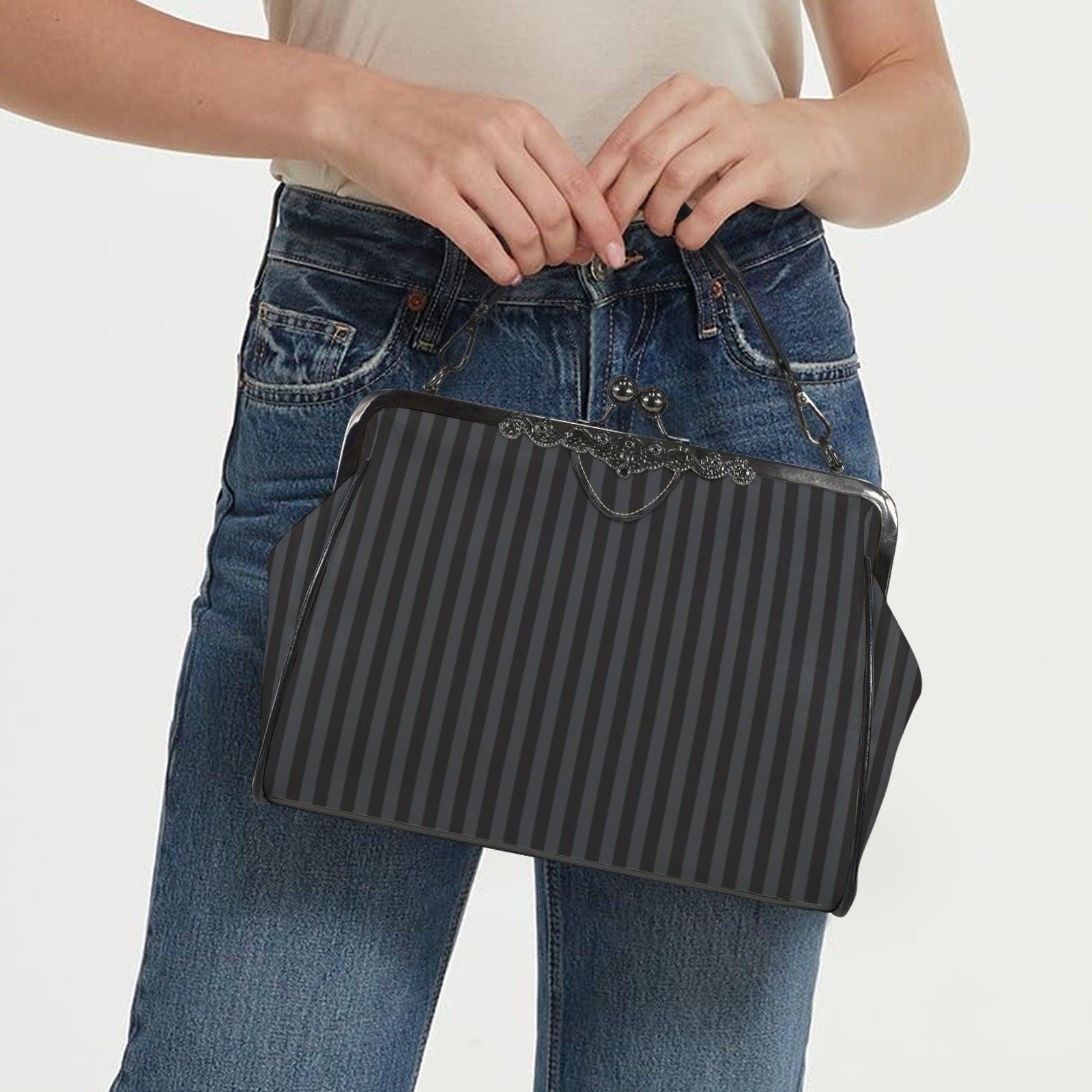 Black Striped Kisslock Bag - Dark Academia Witchcore Gothic Purse Retro Clasp Handbag