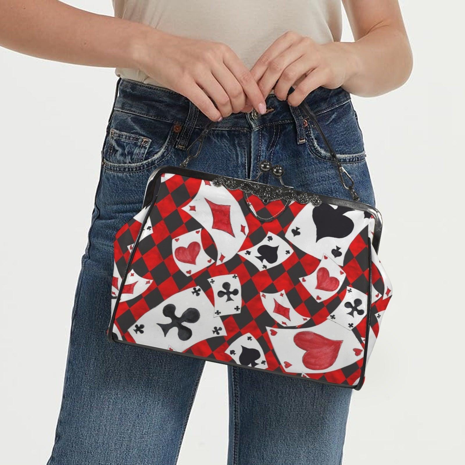 Alice in Wonderland inspired kisslock bag, Queen of Hearts card suit purse, red harlequin frame handbag, vintage top handle novelty bag