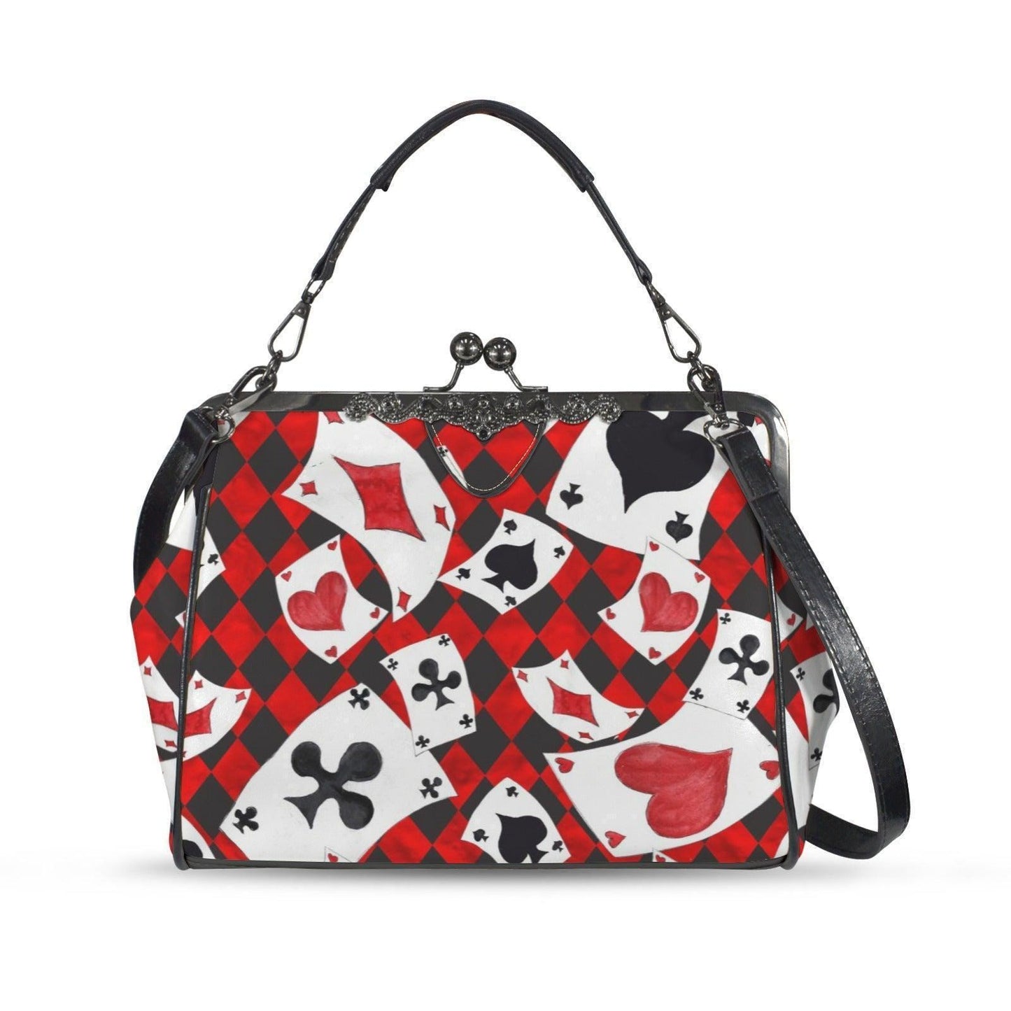 Alice in Wonderland inspired kisslock bag, Queen of Hearts card suit purse, red harlequin frame handbag, vintage top handle novelty bag