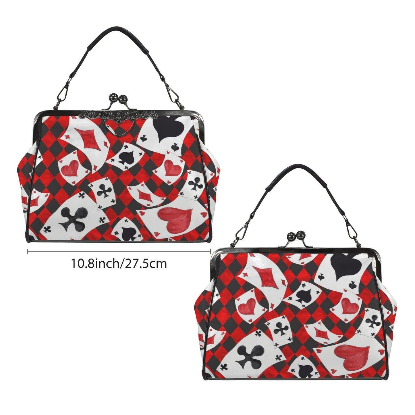 Alice in Wonderland inspired kisslock bag, Queen of Hearts card suit purse, red harlequin frame handbag, vintage top handle novelty bag