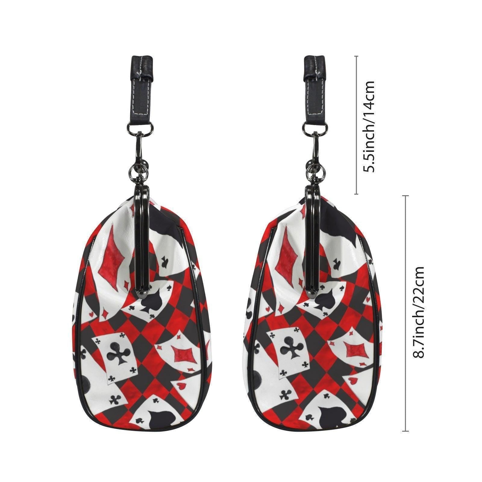 Alice in Wonderland inspired kisslock bag, Queen of Hearts card suit purse, red harlequin frame handbag, vintage top handle novelty bag