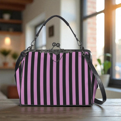 Pink and Black Stripe Vintage Handbag, Carnival Witchy Satchel, Retro Festival Bag