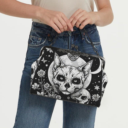 Kiss Lock Cat Purse with Moon Skull Art, Black Floral Frame Bag