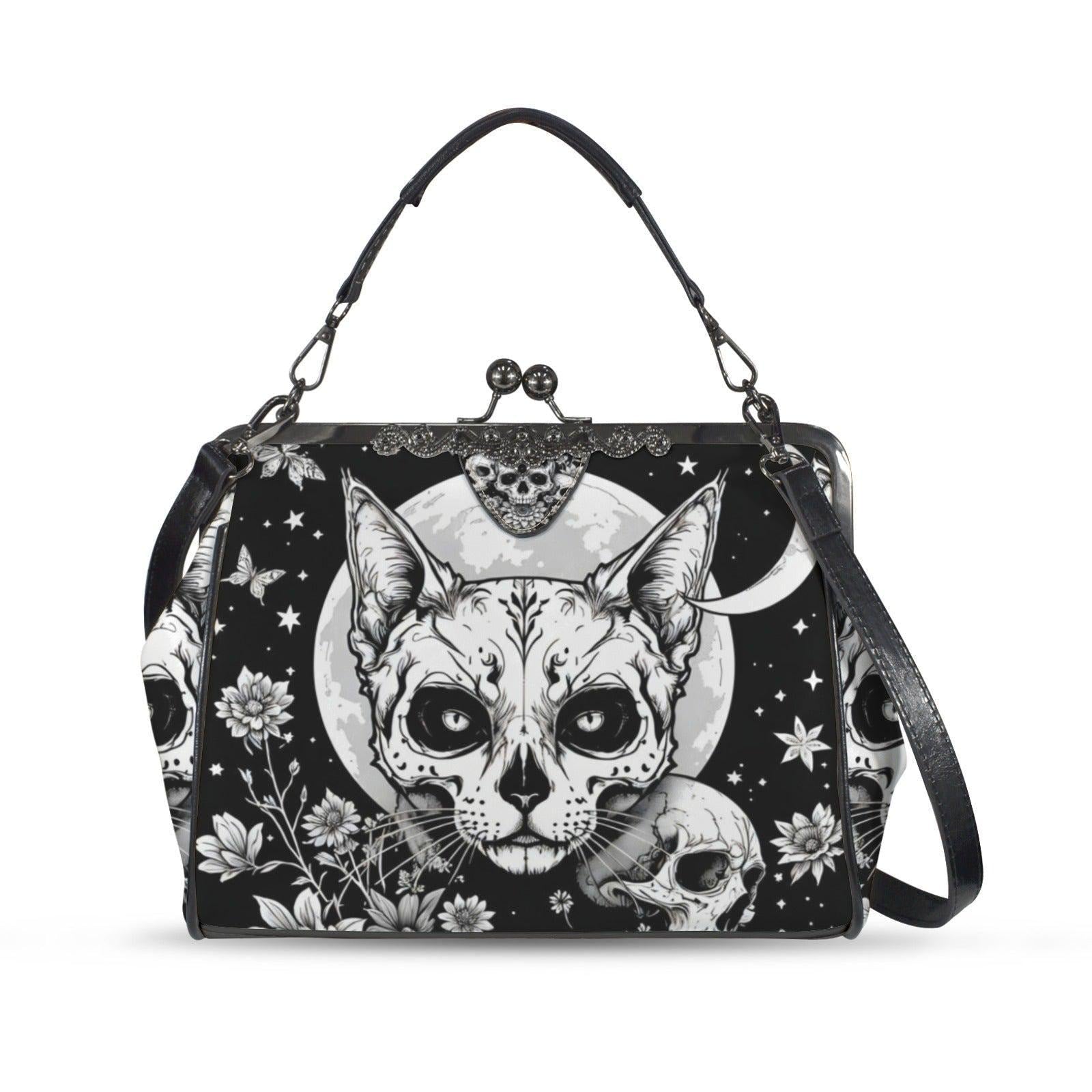 Kiss Lock Cat Purse with Moon Skull Art, Black Floral Frame Bag