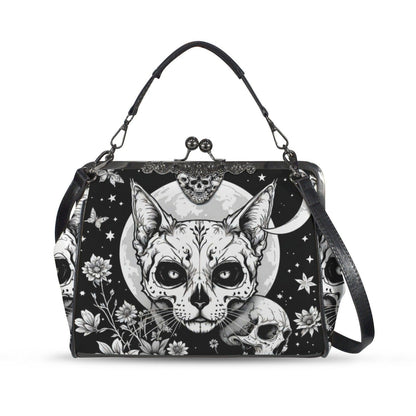 Kiss Lock Cat Purse with Moon Skull Art, Black Floral Frame Bag