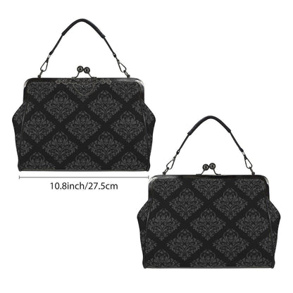 Black Damask Frame Handbag, Victorian Kisslock Evening Bag, Ornate Top Handle Purse