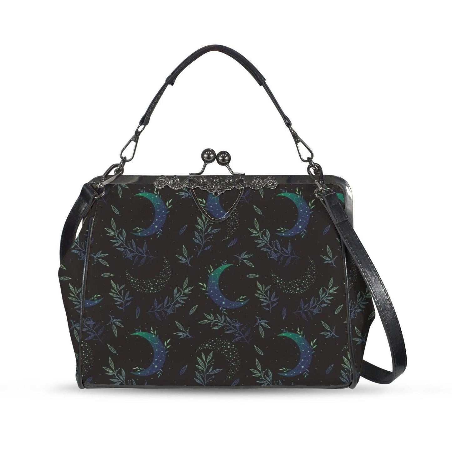 Moon Phase Kiss Lock Purse, Botanical Crescent Handbag in Blue Green Night Sky