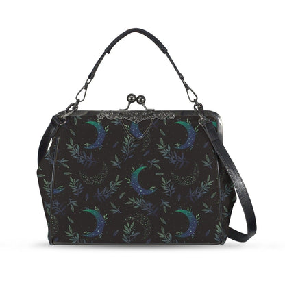 Moon Phase Kiss Lock Purse, Botanical Crescent Handbag in Blue Green Night Sky