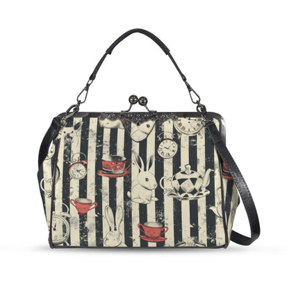 Wonderland Rabbit Tea Party Kisslock Handbag, Striped Frame Purse, Clock Teacup Top Handle Bag, Storybook Crossbody Statement Purse