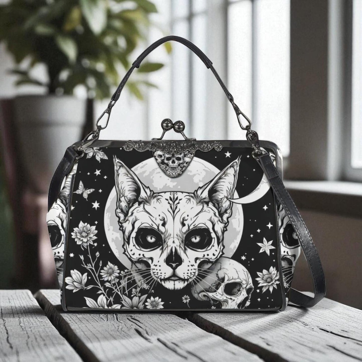 Full Moon Cat Kisslock Purse, Celestial Feline Print Handbag, Skull Flower Bag