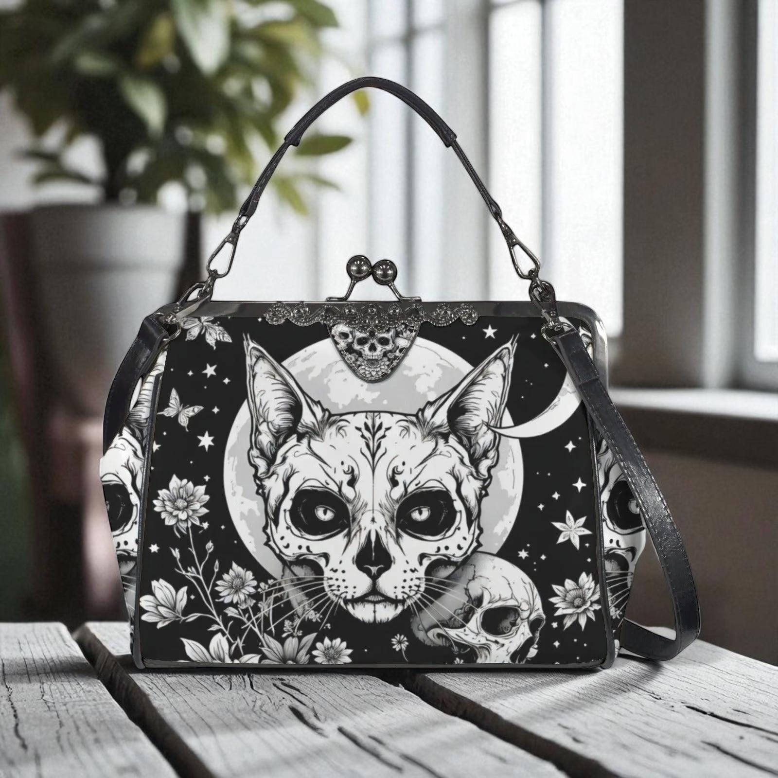 Full Moon Cat Kisslock Purse, Celestial Feline Print Handbag, Skull Flower Bag