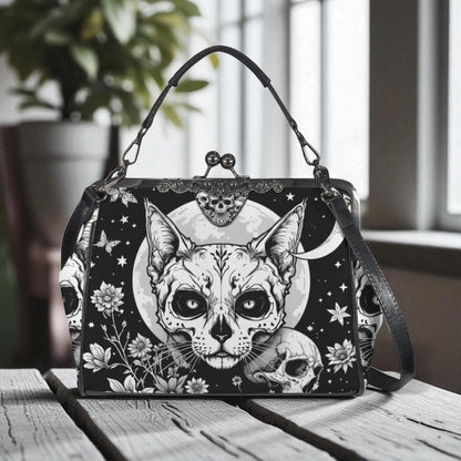 Full Moon Cat Kisslock Purse, Celestial Feline Print Handbag, Skull Flower Bag
