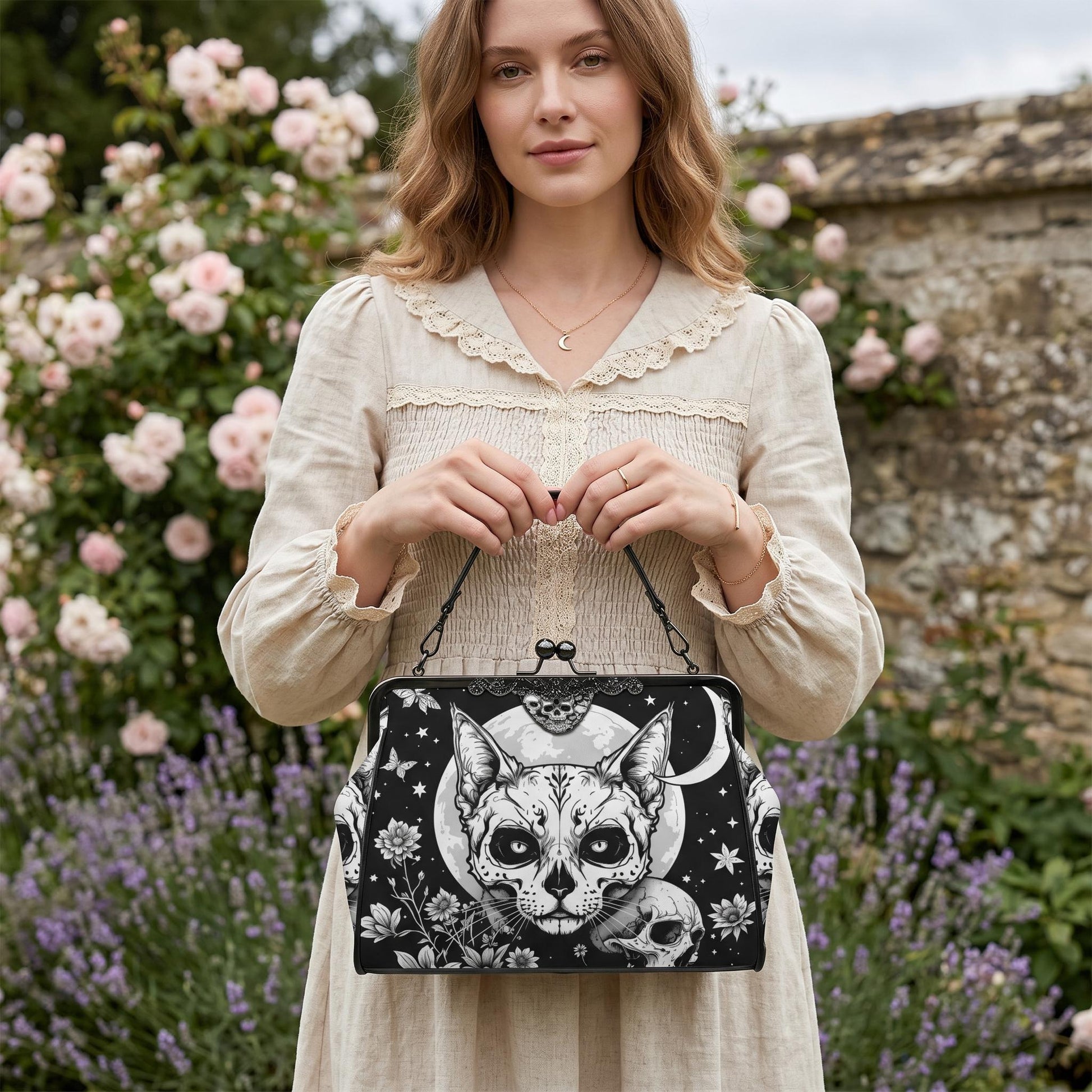 Full Moon Cat Kisslock Purse, Celestial Feline Print Handbag, Skull Flower Bag