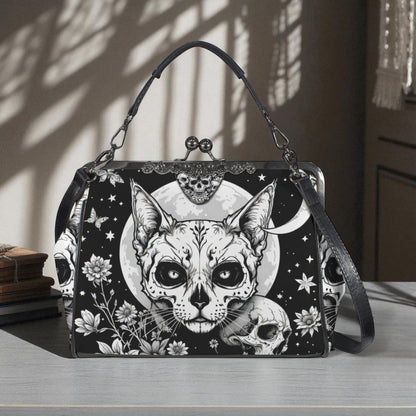 Full Moon Cat Kisslock Purse, Celestial Feline Print Handbag, Skull Flower Bag
