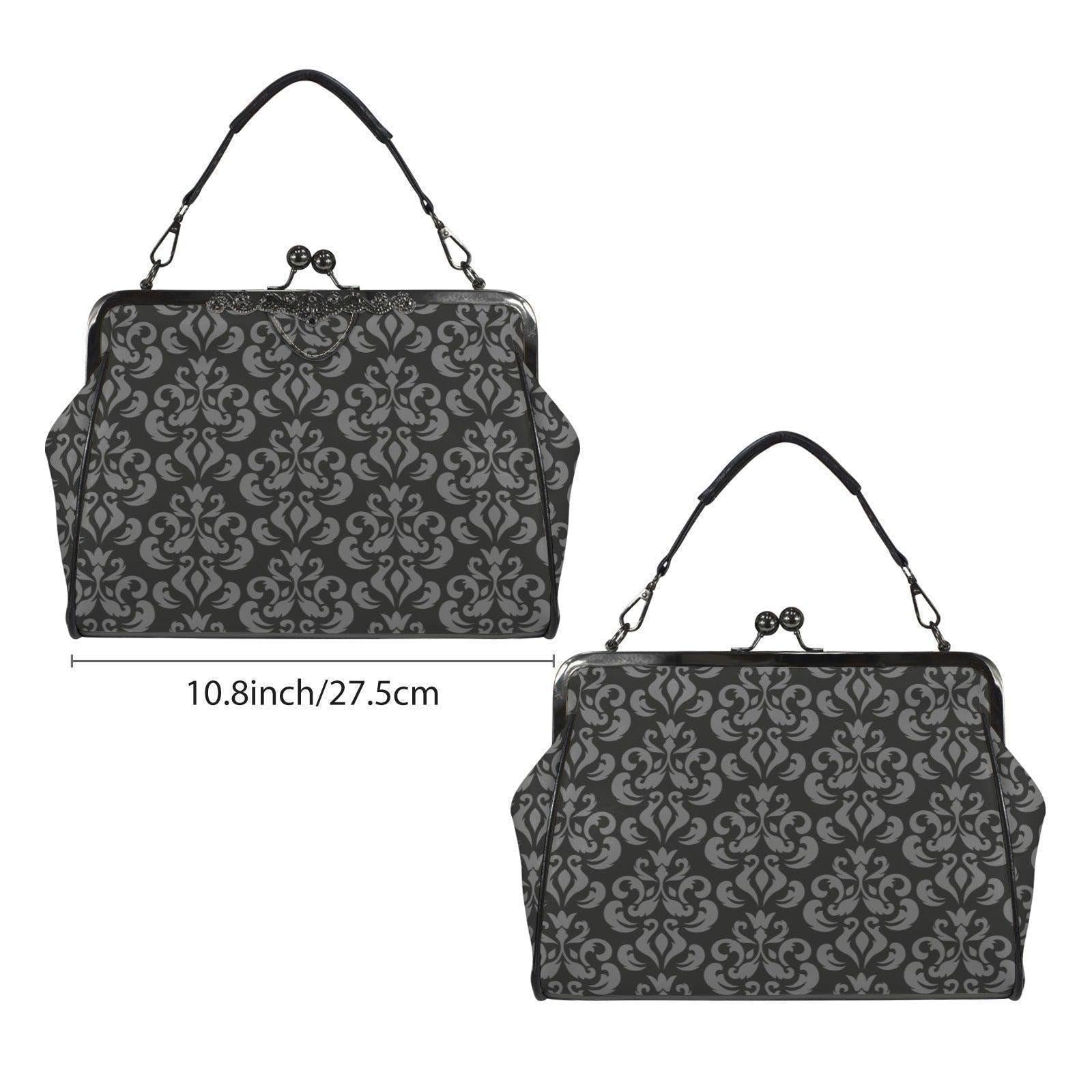 Gray Damask Frame Handbag, Victorian Kisslock Top Handle Purse