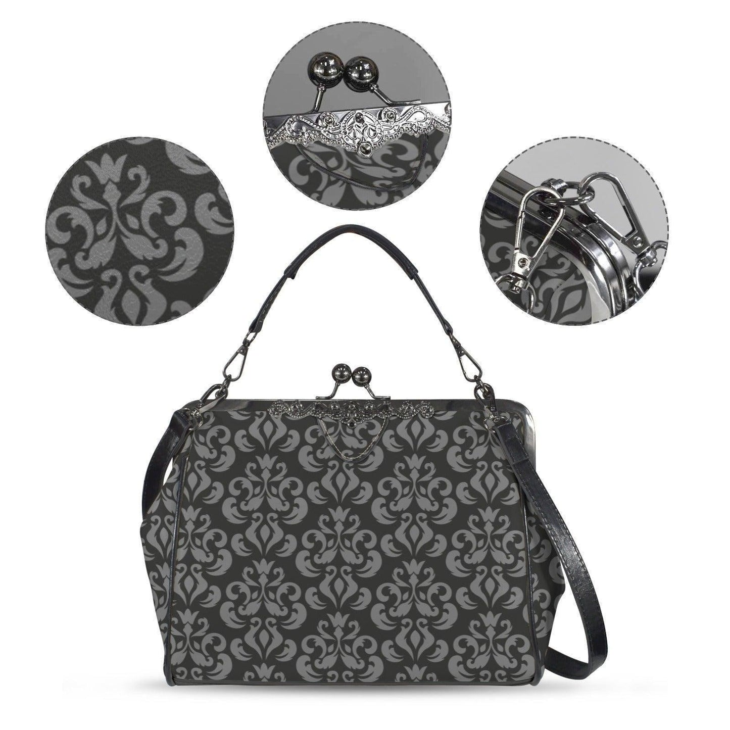Gray Damask Frame Handbag, Victorian Kisslock Top Handle Purse