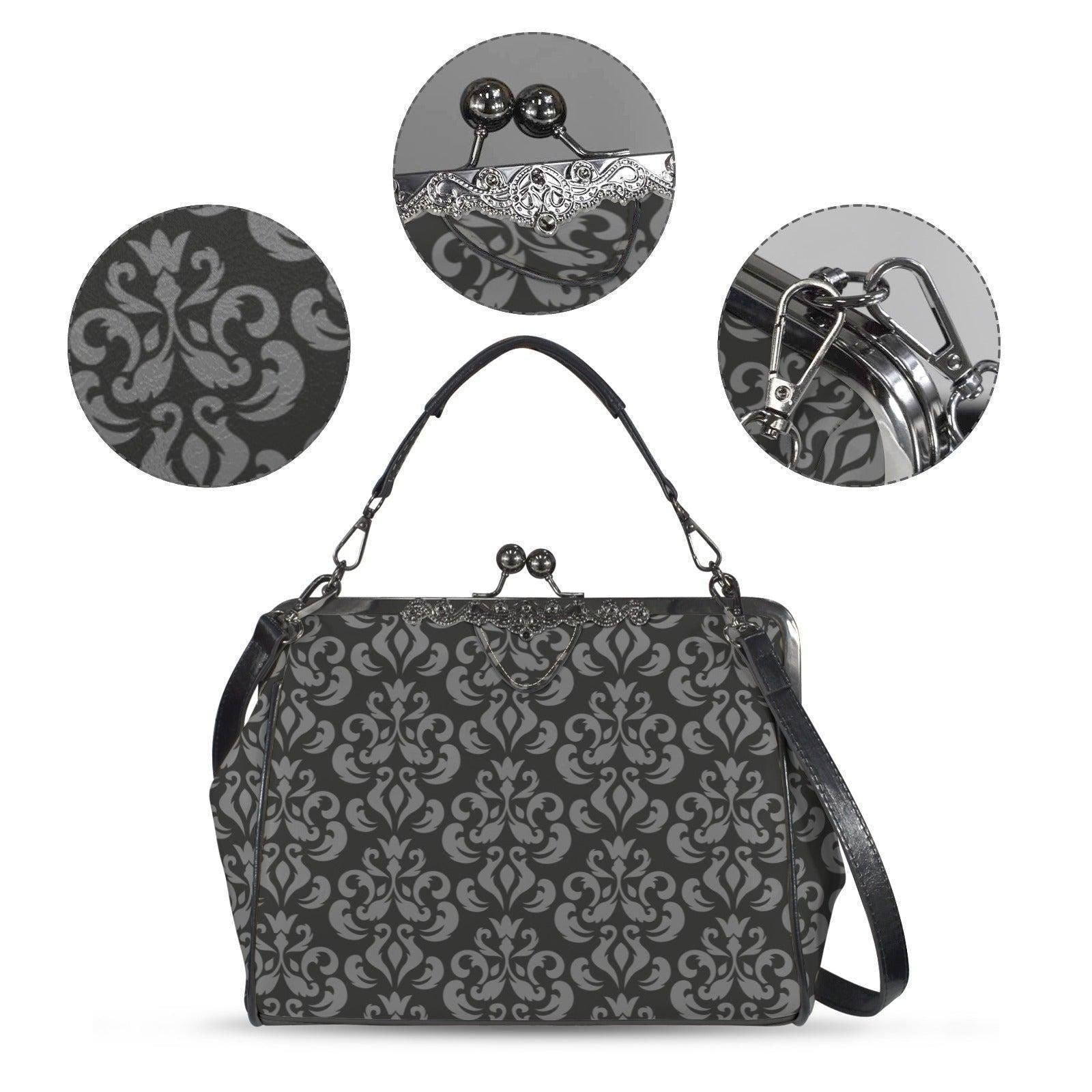 Gray Damask Frame Handbag, Victorian Kisslock Top Handle Purse