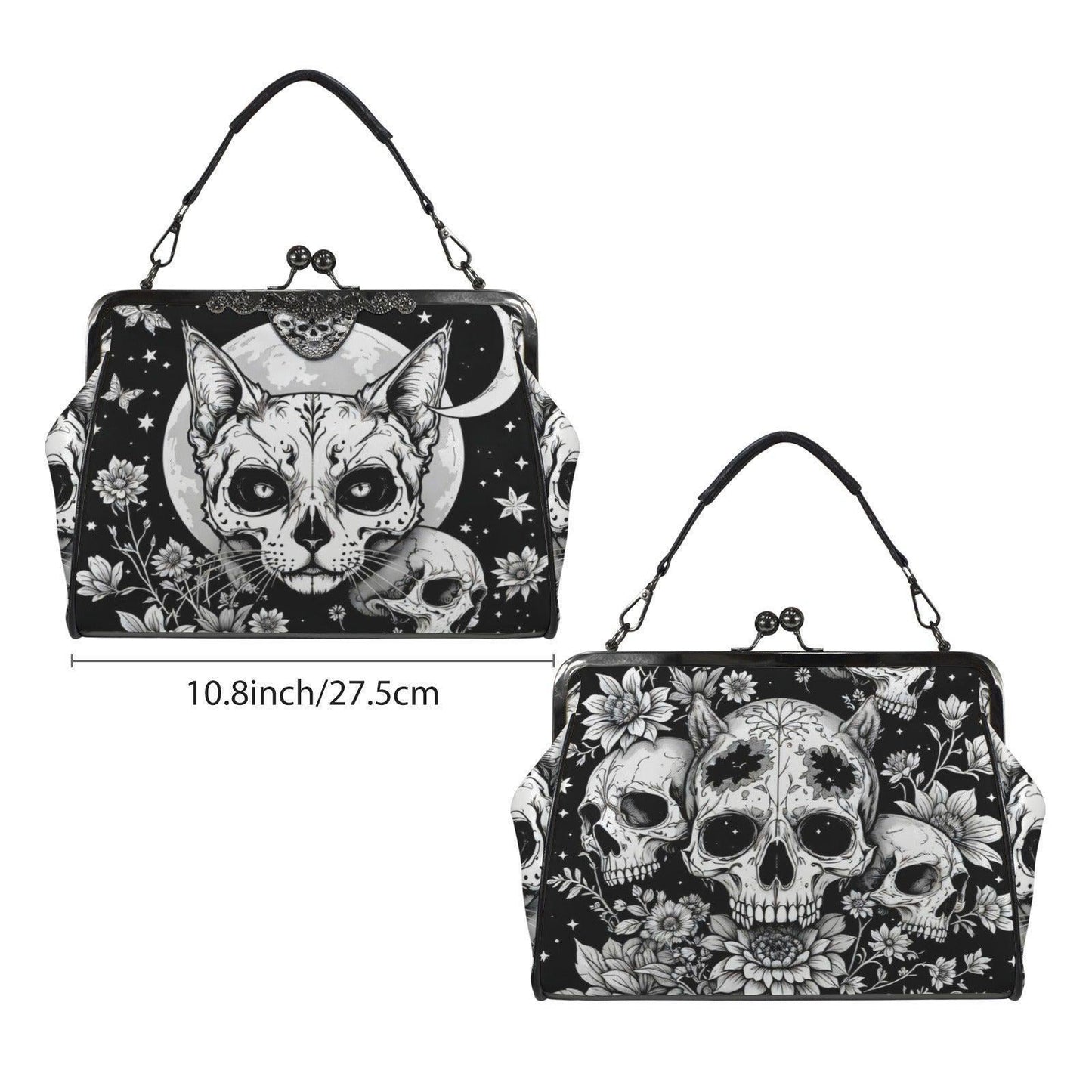 Full Moon Cat Kisslock Purse, Celestial Feline Print Handbag, Skull Flower Bag