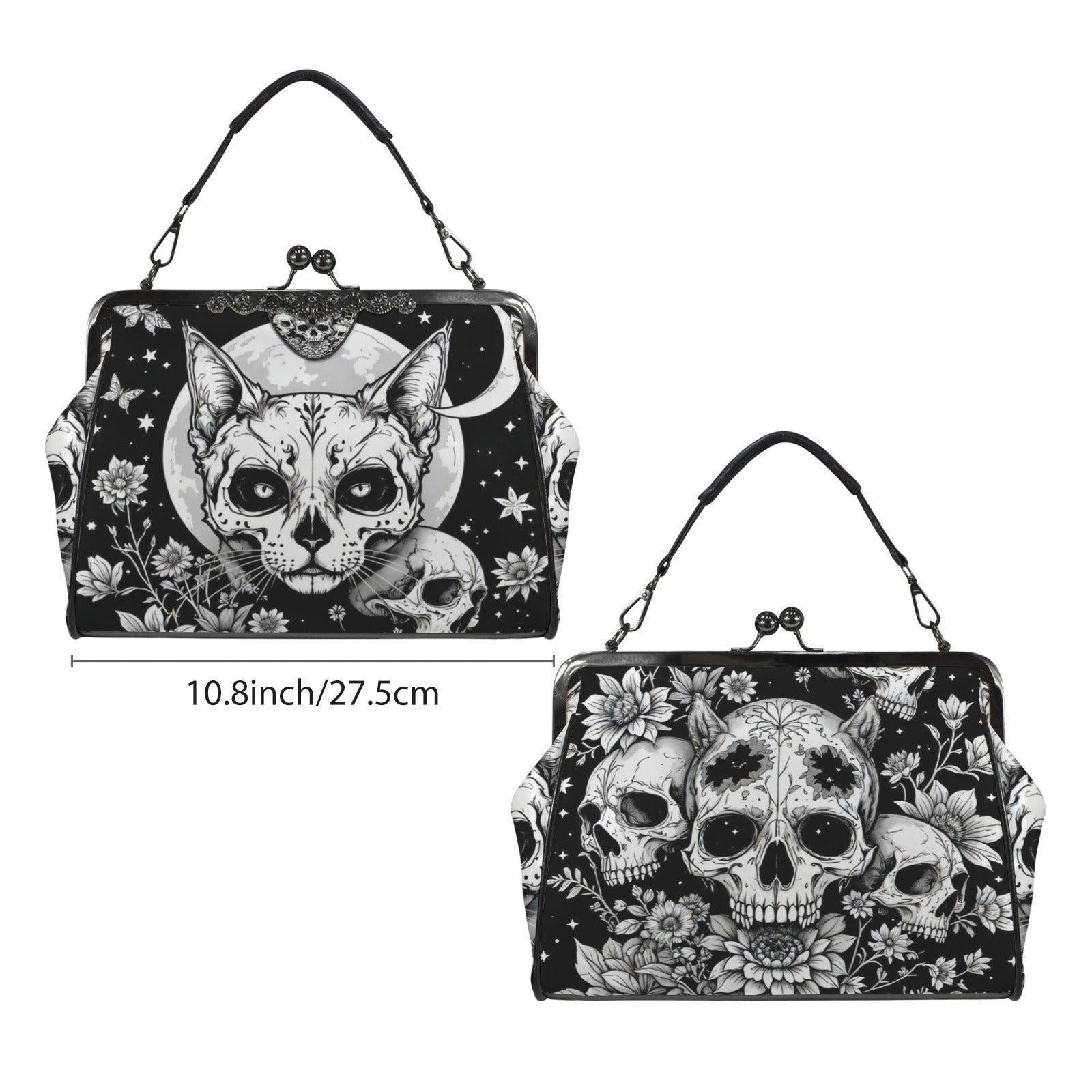 Full Moon Cat Kisslock Purse, Celestial Feline Print Handbag, Skull Flower Bag