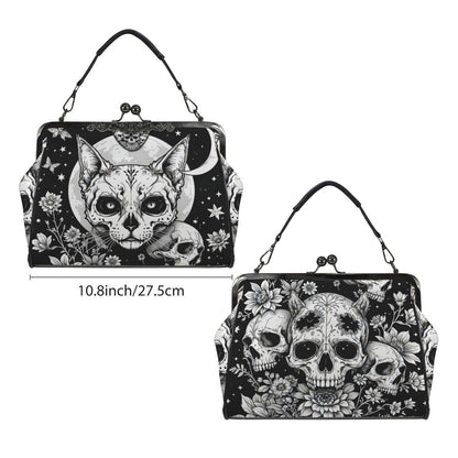 Full Moon Cat Kisslock Purse, Celestial Feline Print Handbag, Skull Flower Bag