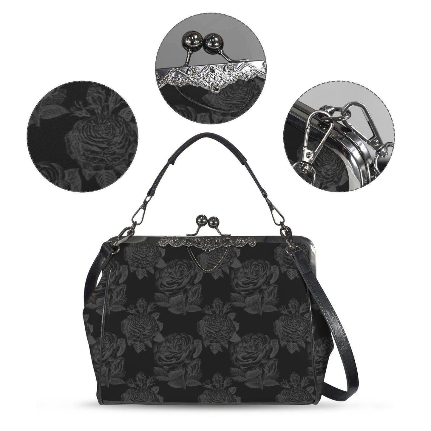 Black Rose Kisslock Bag, Dark Floral Vintage Handbag, Elegant Top Handle Evening Purse