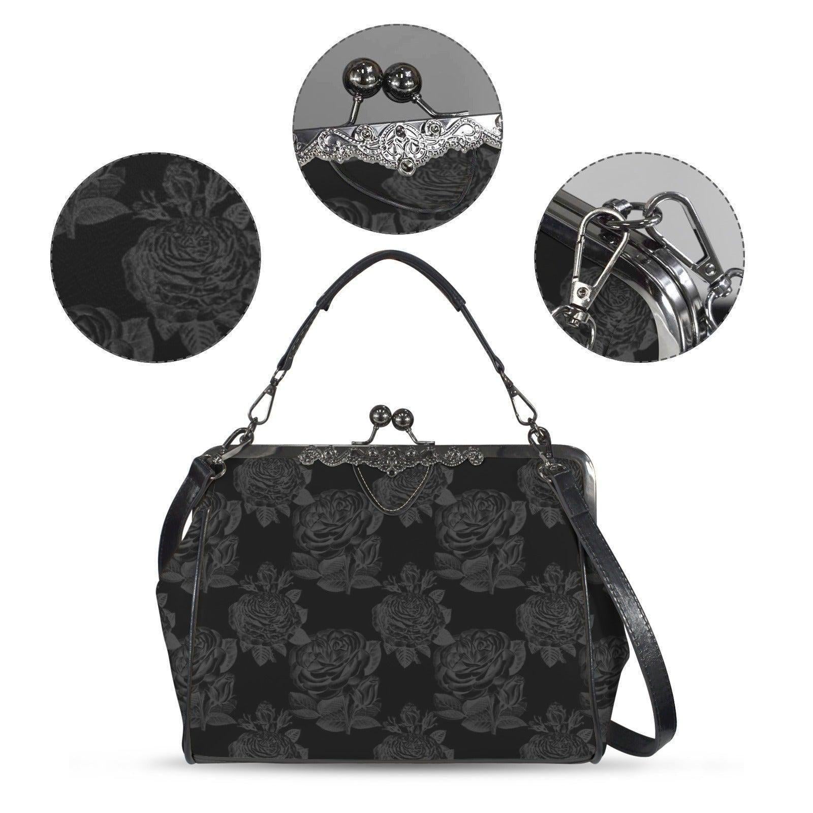 Black Rose Kisslock Bag, Dark Floral Vintage Handbag, Elegant Top Handle Evening Purse