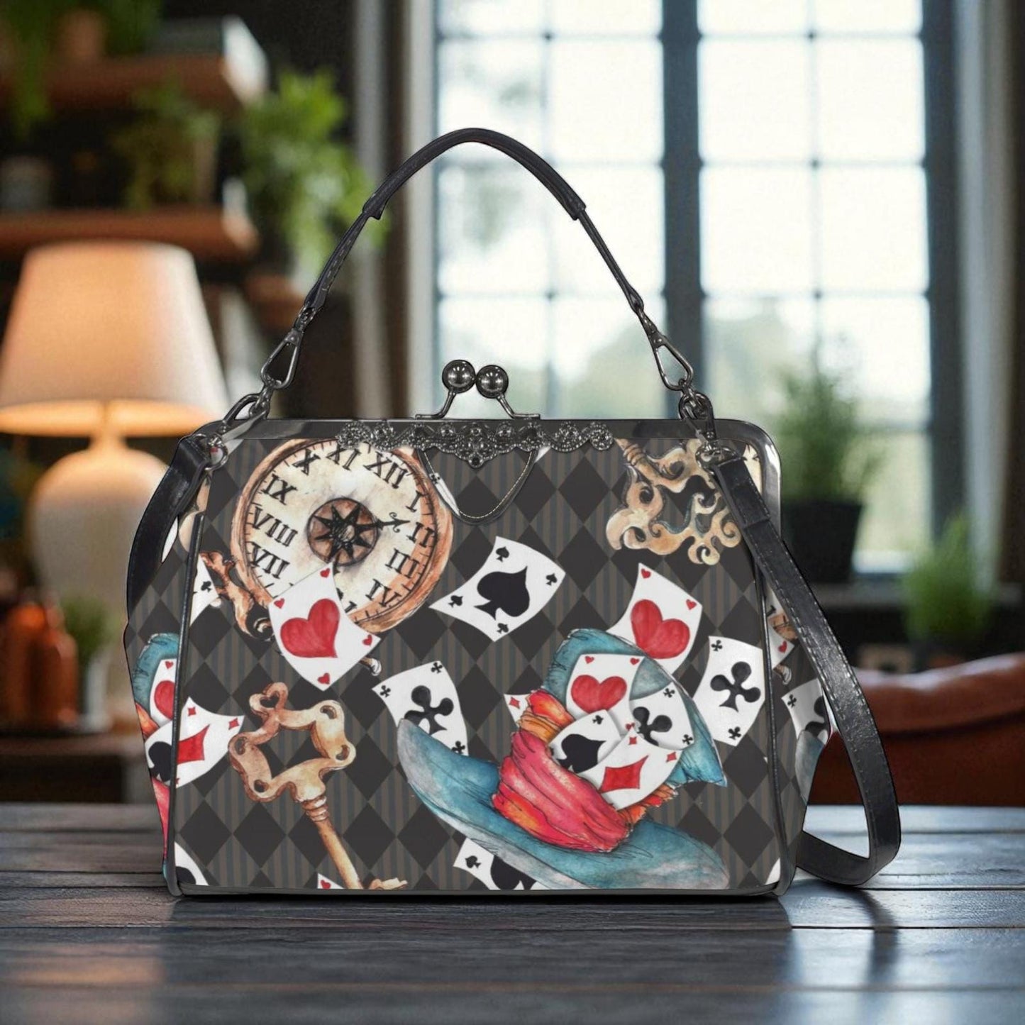 A handbag with a unique, whimsical design featuring a clock, playing cards, and other decorative elements.