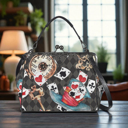 A handbag with a unique, whimsical design featuring a clock, playing cards, and other decorative elements.