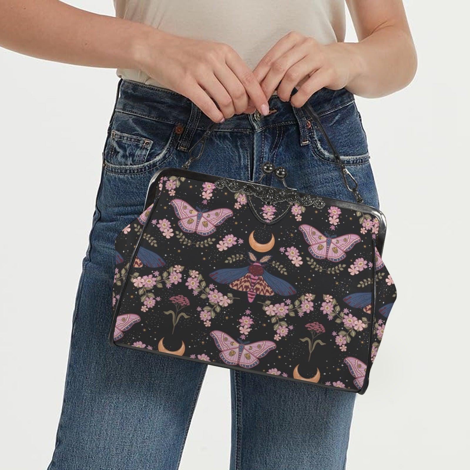 Kiss Lock Purse, Pink Moth Shoulder Bag, Moon Blossom Frame Handbag