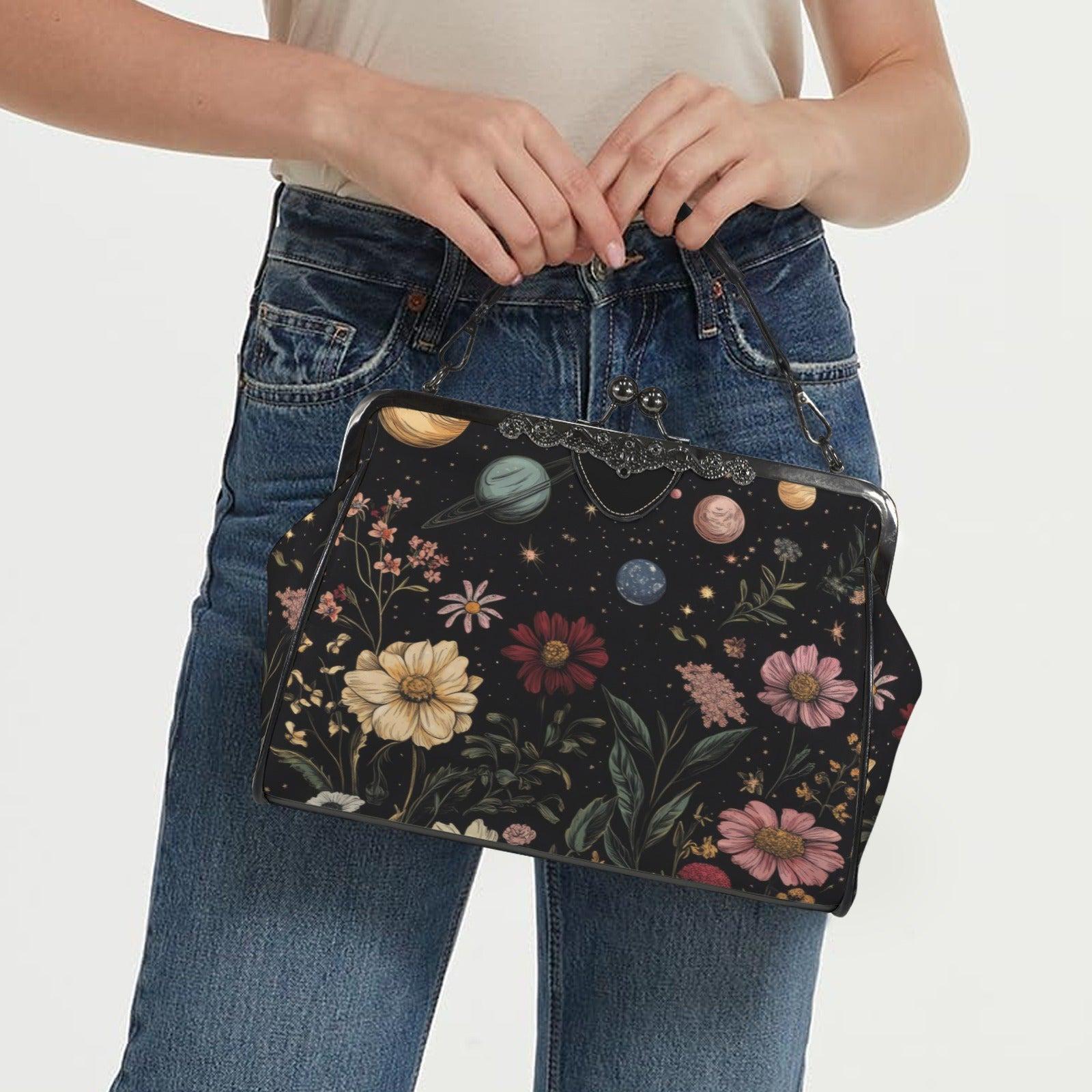 Kiss Lock Frame Bag, Cosmic Garden Purse, Vintage Planet Floral Evening Bag
