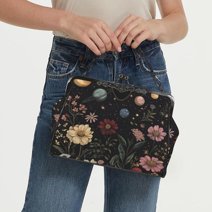 Kiss Lock Frame Bag, Cosmic Garden Purse, Vintage Planet Floral Evening Bag