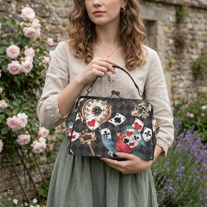 Wonderland Tea Party Kisslock Handbag, Playing Card Clock Frame Purse, Queen of Hearts Bag