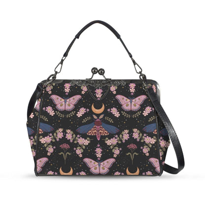 Kiss Lock Purse, Pink Moth Shoulder Bag, Moon Blossom Frame Handbag