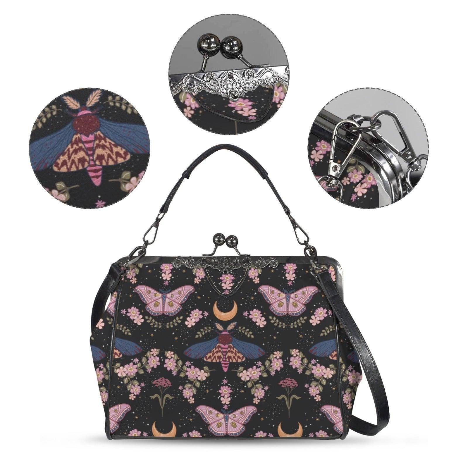 Kiss Lock Purse, Pink Moth Shoulder Bag, Moon Blossom Frame Handbag