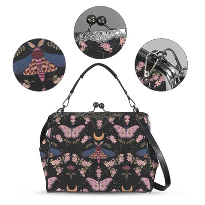 Kiss Lock Purse, Pink Moth Shoulder Bag, Moon Blossom Frame Handbag