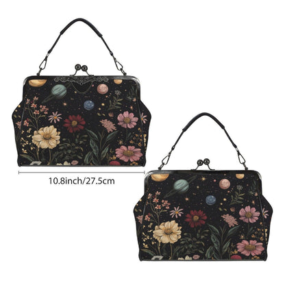 Kiss Lock Frame Bag, Cosmic Garden Purse, Vintage Planet Floral Evening Bag