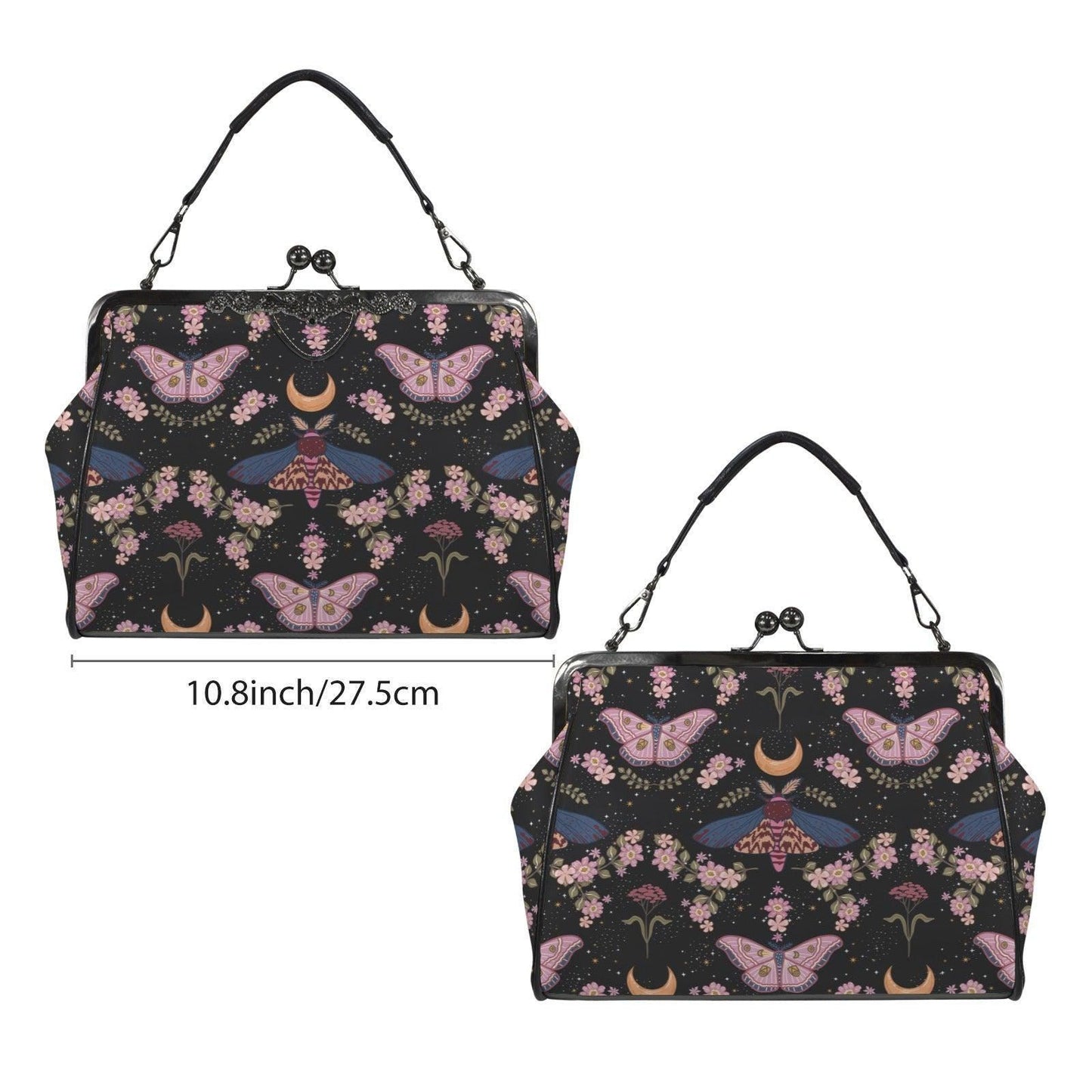 Kiss Lock Purse, Pink Moth Shoulder Bag, Moon Blossom Frame Handbag