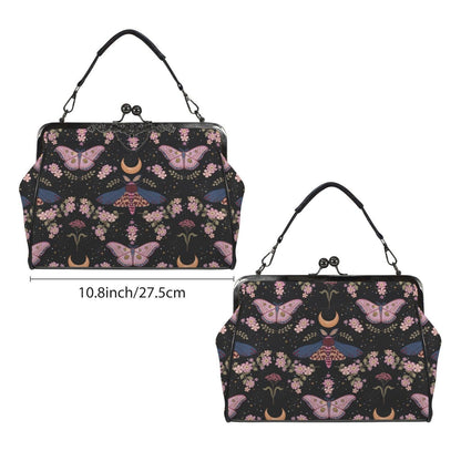 Kiss Lock Purse, Pink Moth Shoulder Bag, Moon Blossom Frame Handbag
