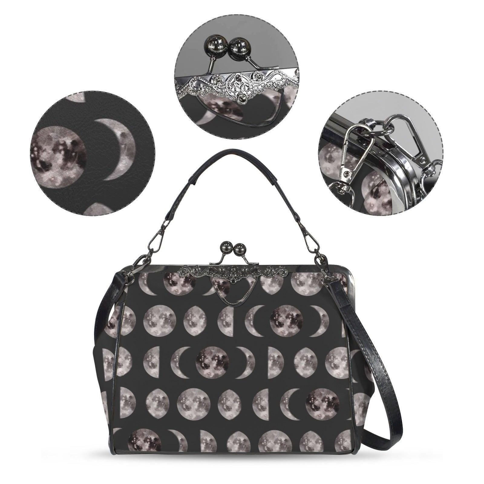 Moon Phase Kiss Lock Bag, Celestial Gothic Purse, Witchy Shoulder Handbag