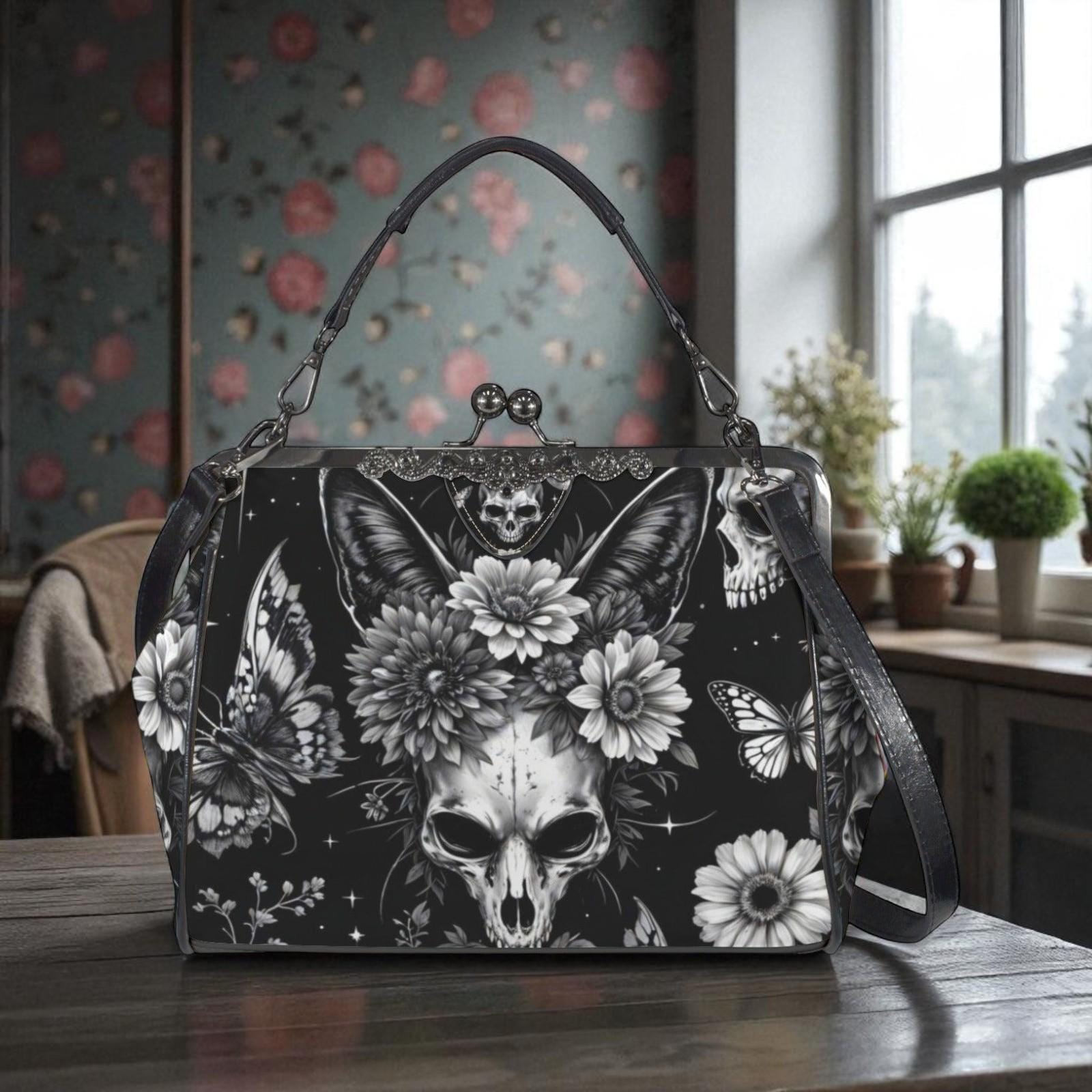 Skull kiss lock purse, butterfly gothic frame bag, monochrome floral handbag
