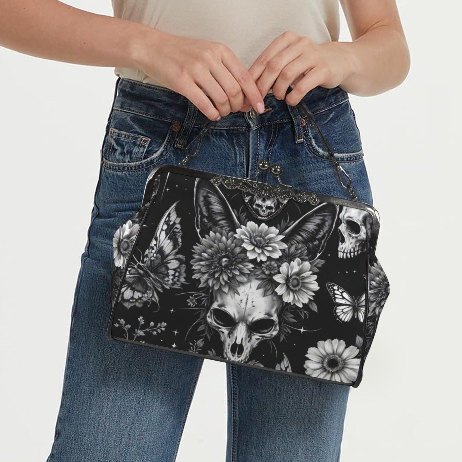 Skull kiss lock purse, butterfly gothic frame bag, monochrome floral handbag
