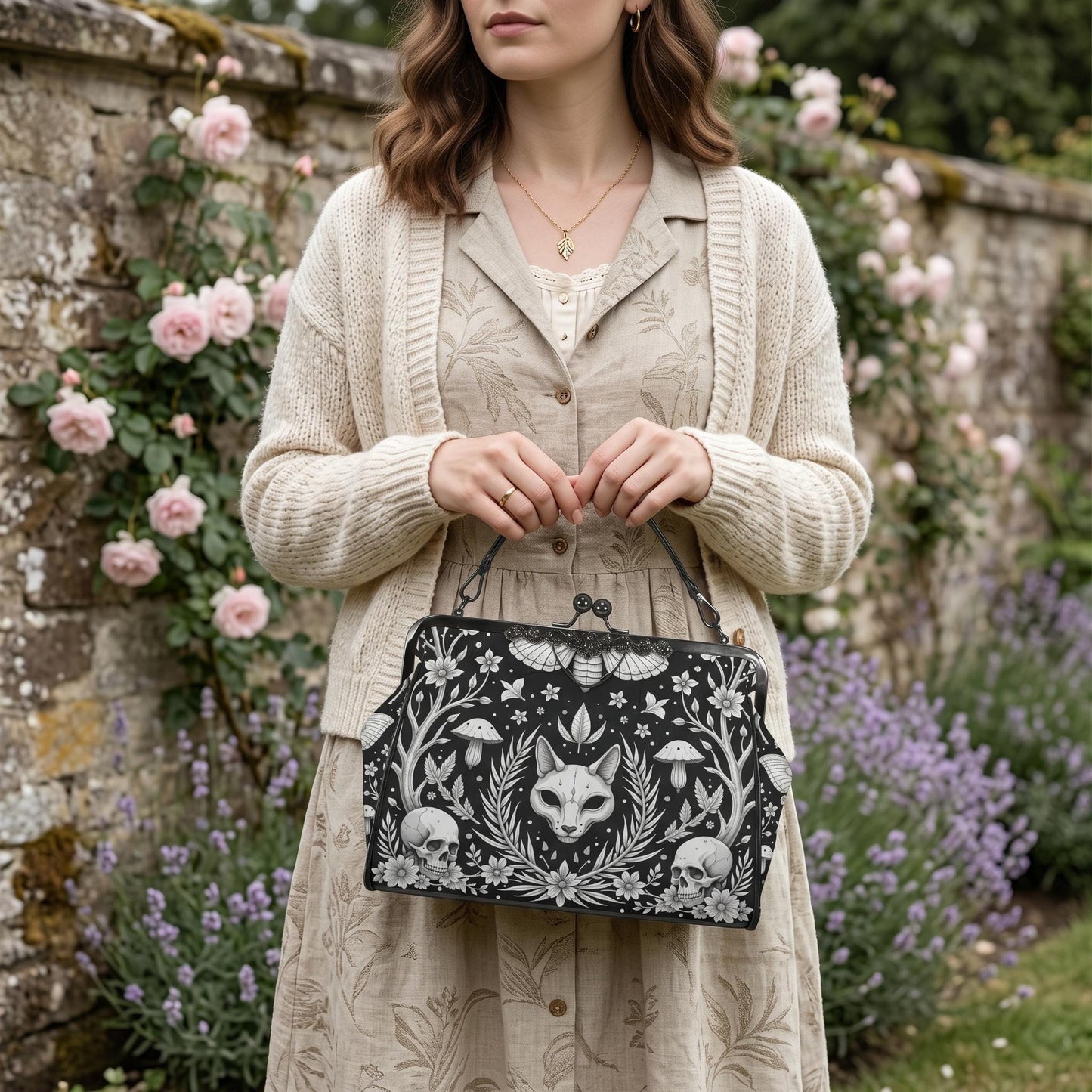 Gothic Skull Moth Print Frame Bag, Witchy Top Handle Purse, Occult Botanical Tote