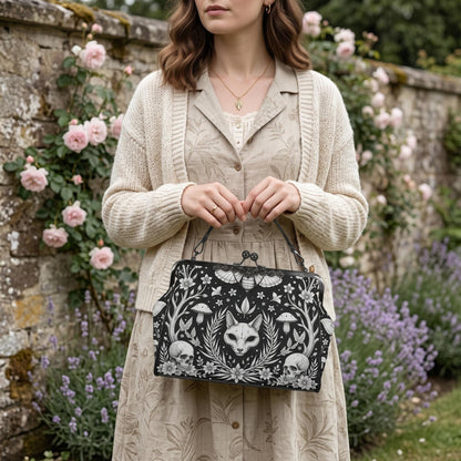 Gothic Skull Moth Print Frame Bag, Witchy Top Handle Purse, Occult Botanical Tote