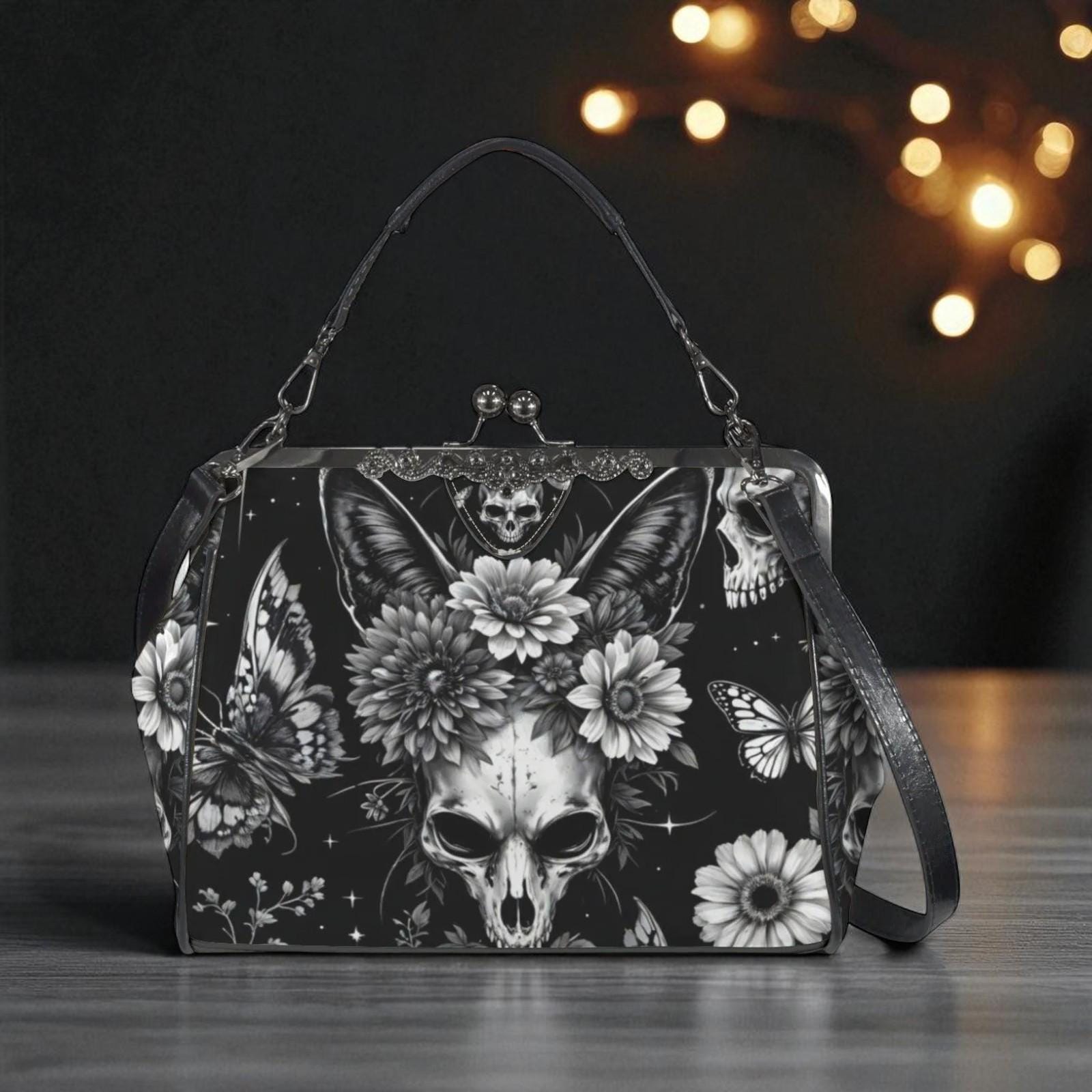 Skull kiss lock purse, butterfly gothic frame bag, monochrome floral handbag