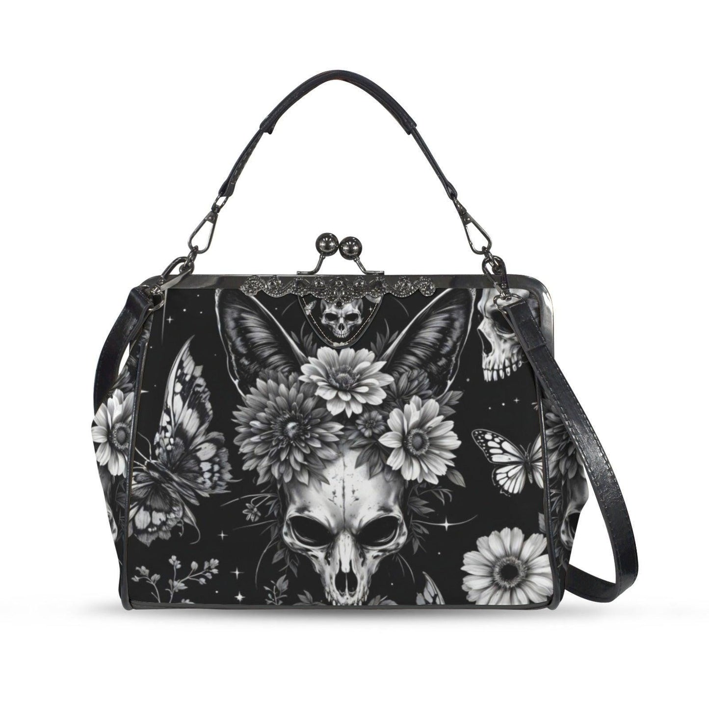 Skull kiss lock purse, butterfly gothic frame bag, monochrome floral handbag