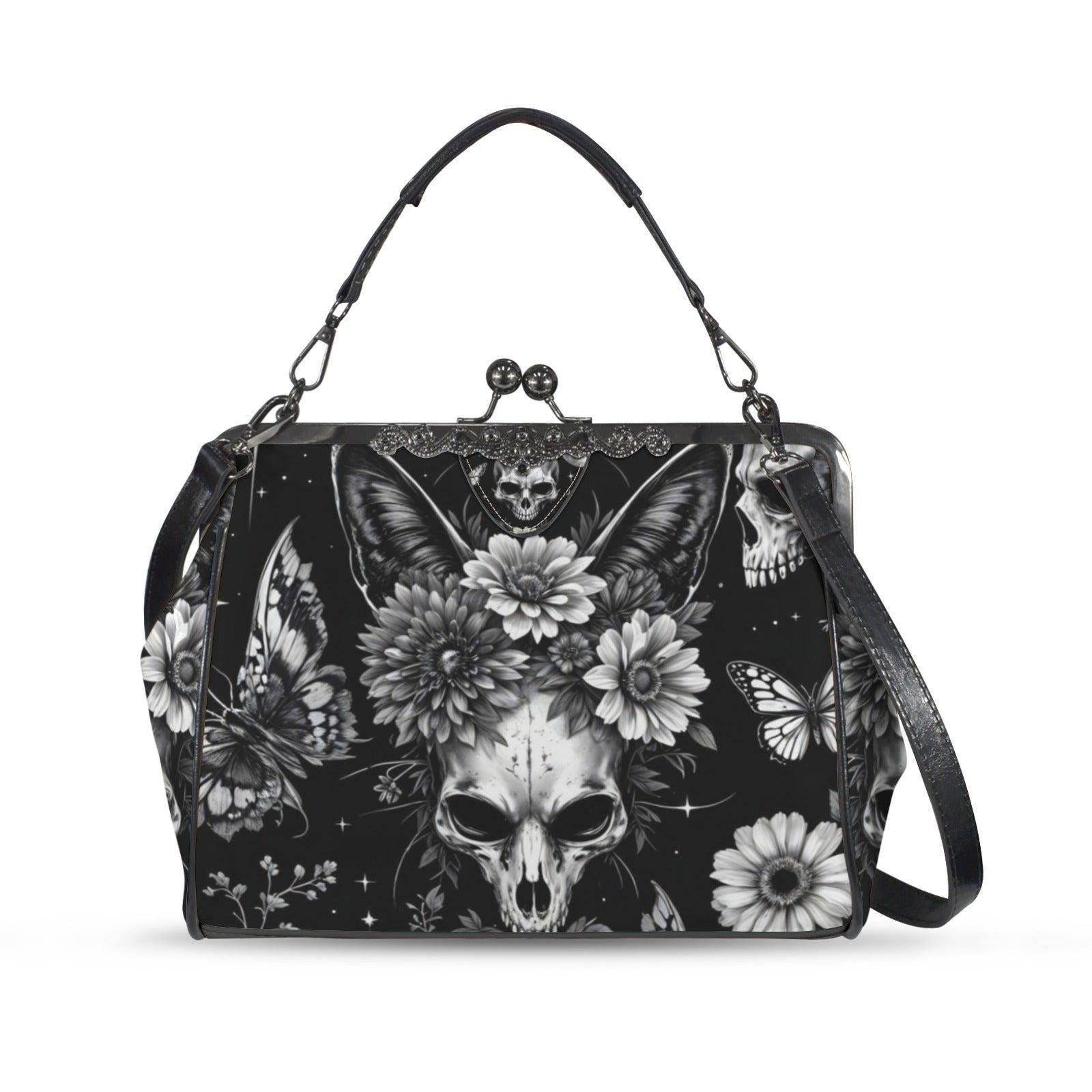 Skull kiss lock purse, butterfly gothic frame bag, monochrome floral handbag