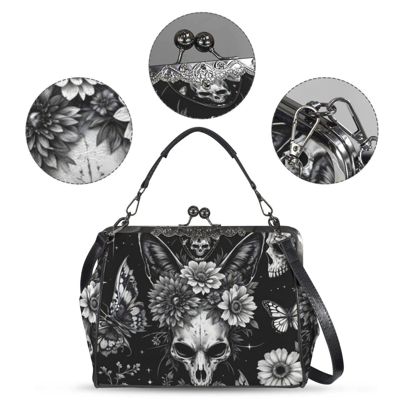 Skull kiss lock purse, butterfly gothic frame bag, monochrome floral handbag