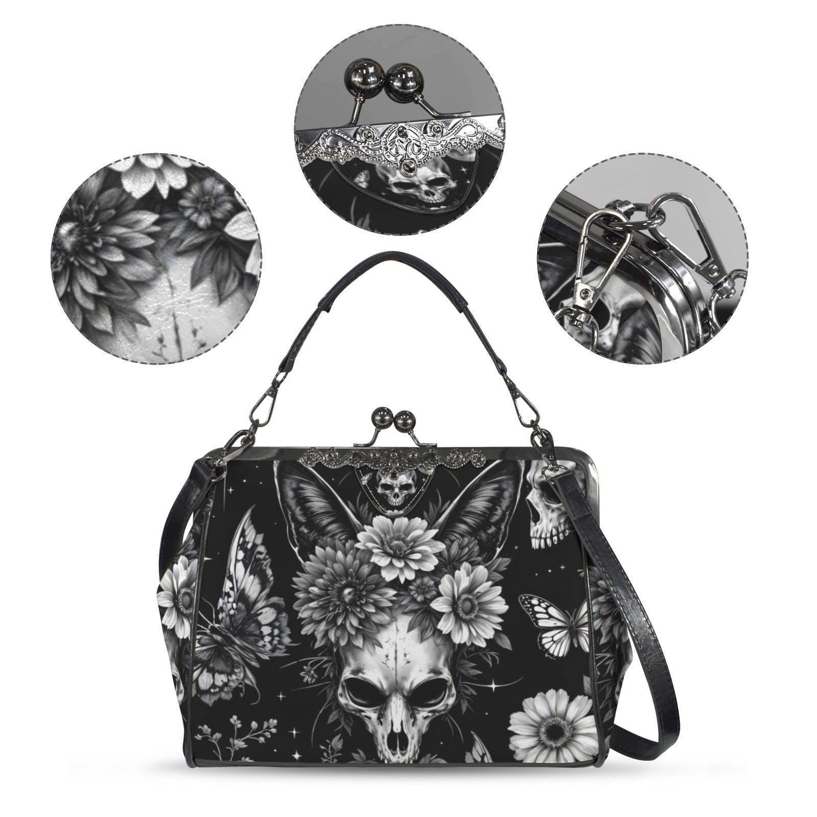 Skull kiss lock purse, butterfly gothic frame bag, monochrome floral handbag