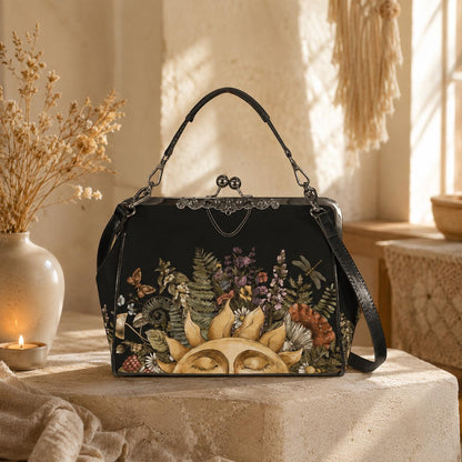 Kiss Lock Purse, Dark Cottagecore Handbag, Sun Botanical Frame Bag